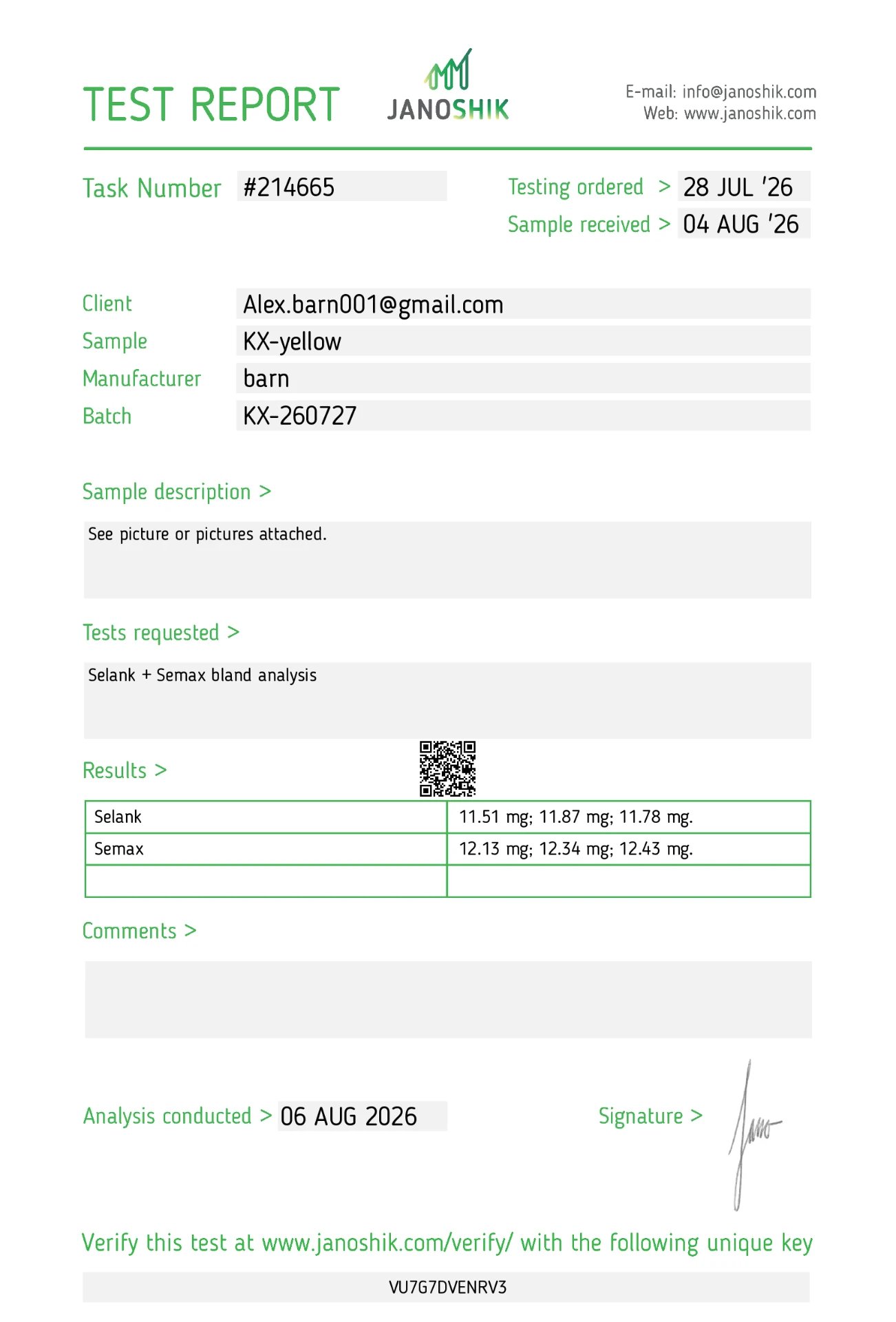 Selank / Semax Blend 20 mg certificate of analysis