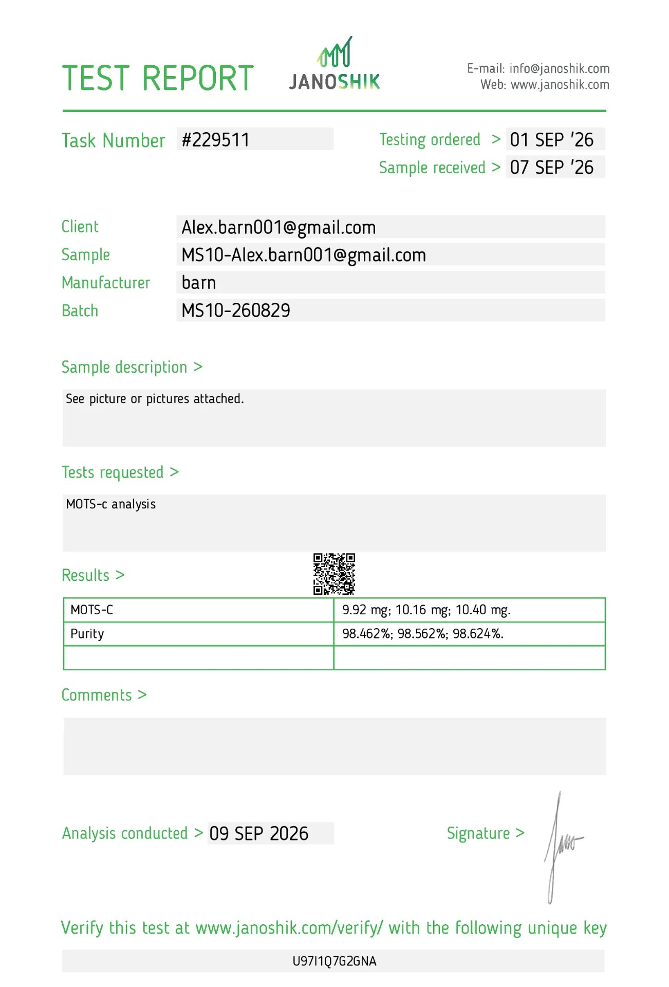 MOTS-c 10 mg certificate of analysis