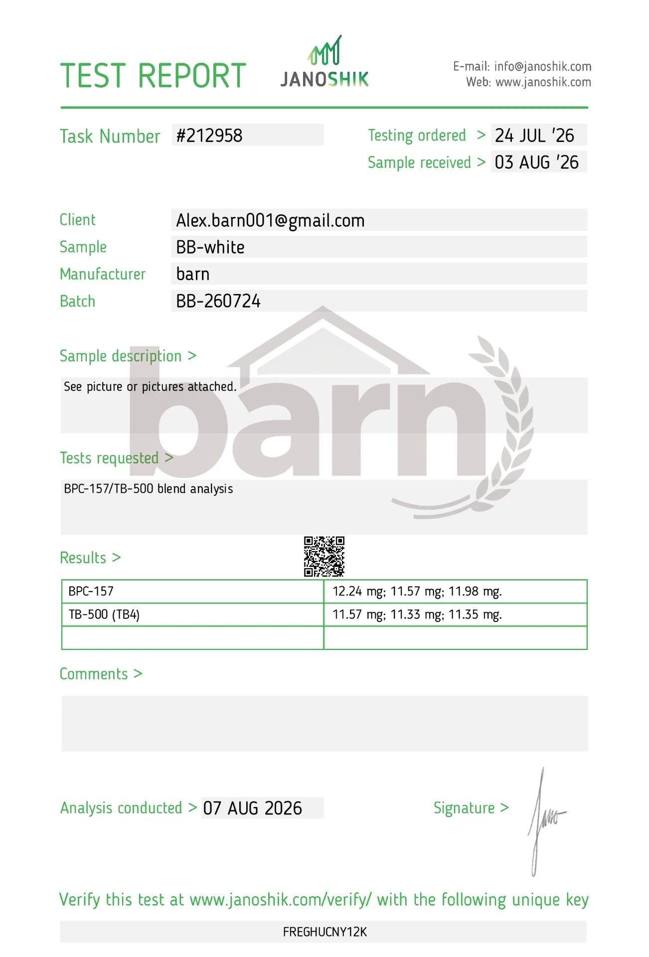 BPC-157 / TB-500 Repair Blend 20 mg certificate of analysis