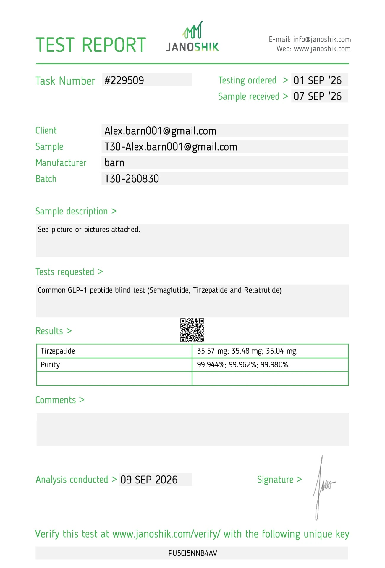 GLP2 30 mg certificate of analysis
