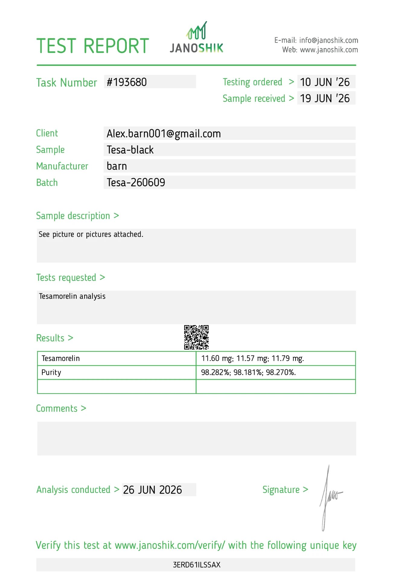 Tesamorelin 10 mg certificate of analysis