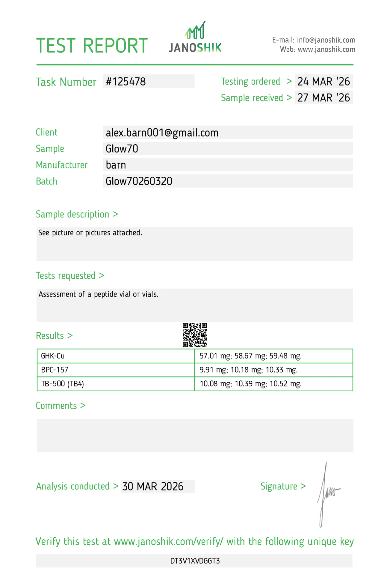 GLOW Blend (GHK-Cu / BPC-157 / TB-500) 70 mg certificate of analysis
