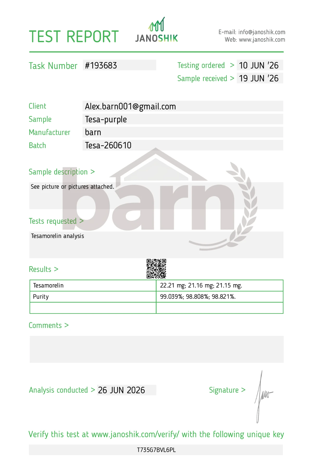 Tesamorelin 20 mg certificate of analysis