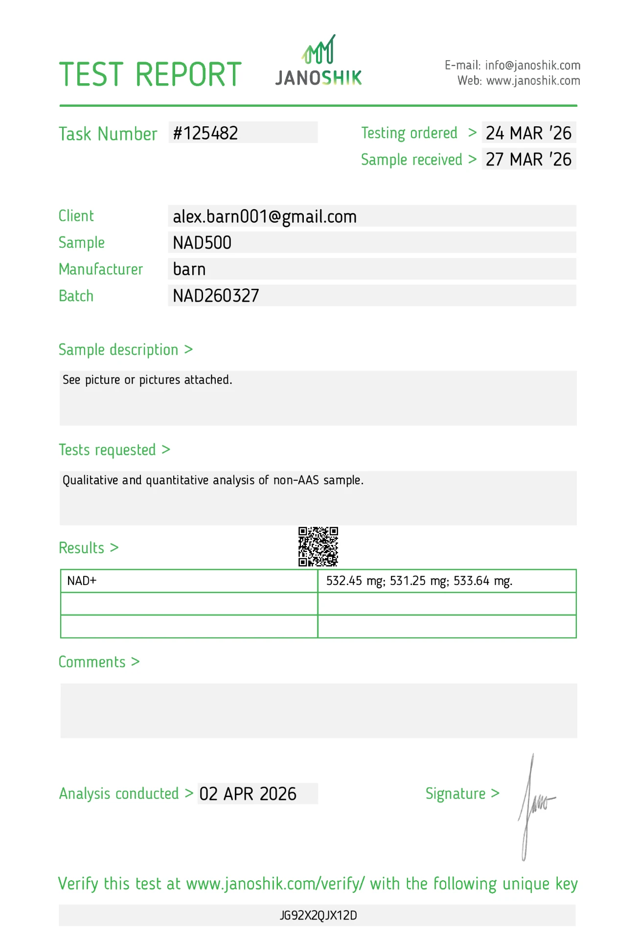 NAD+ 500 mg certificate of analysis