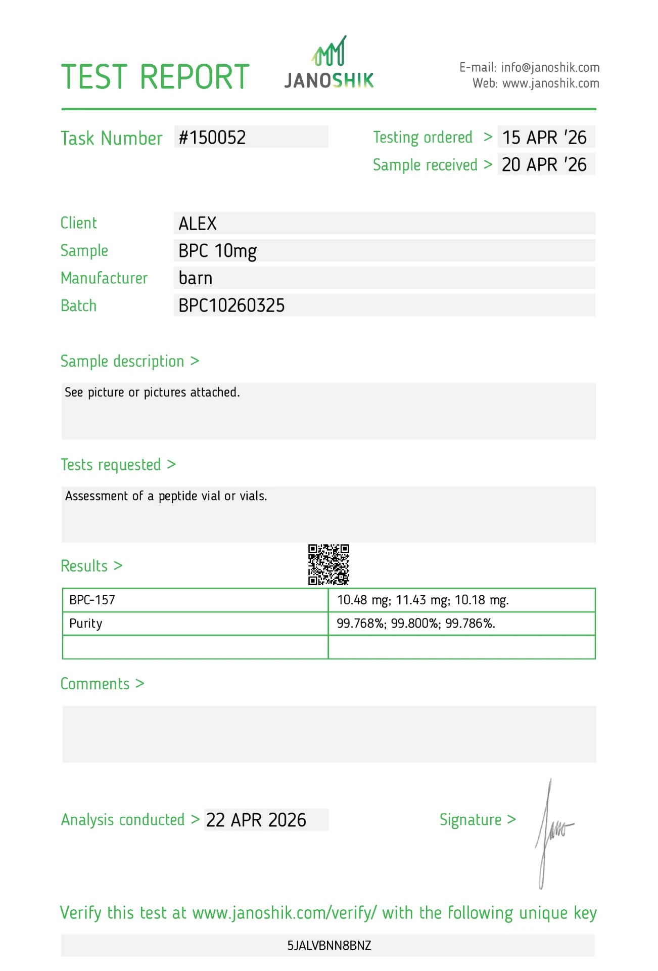 BPC-157 10 mg certificate of analysis