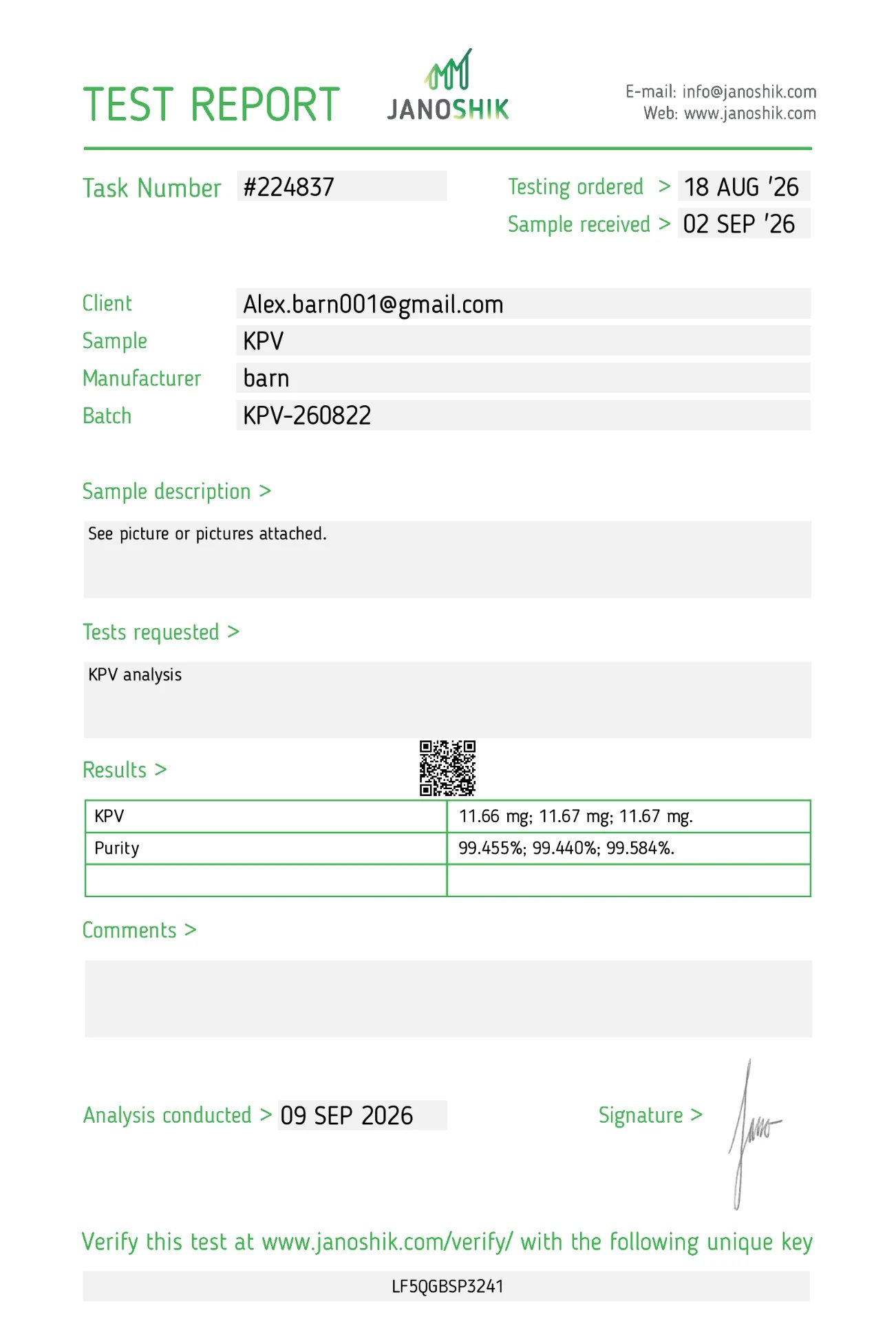 KPV 10 mg certificate of analysis