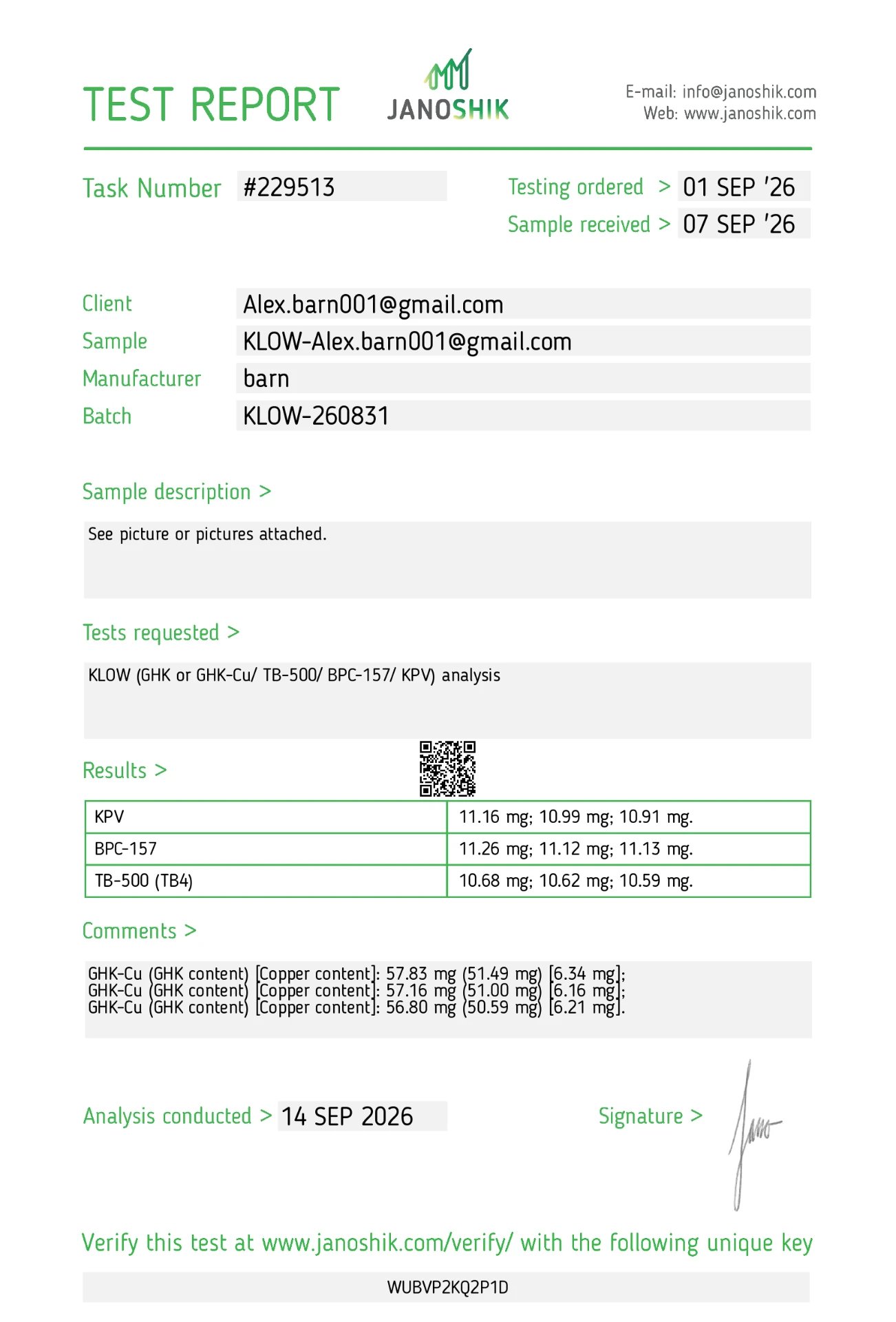 KLOW Blend (GHK-Cu / BPC-157 / TB-500 / KPV) 80 mg certificate of analysis