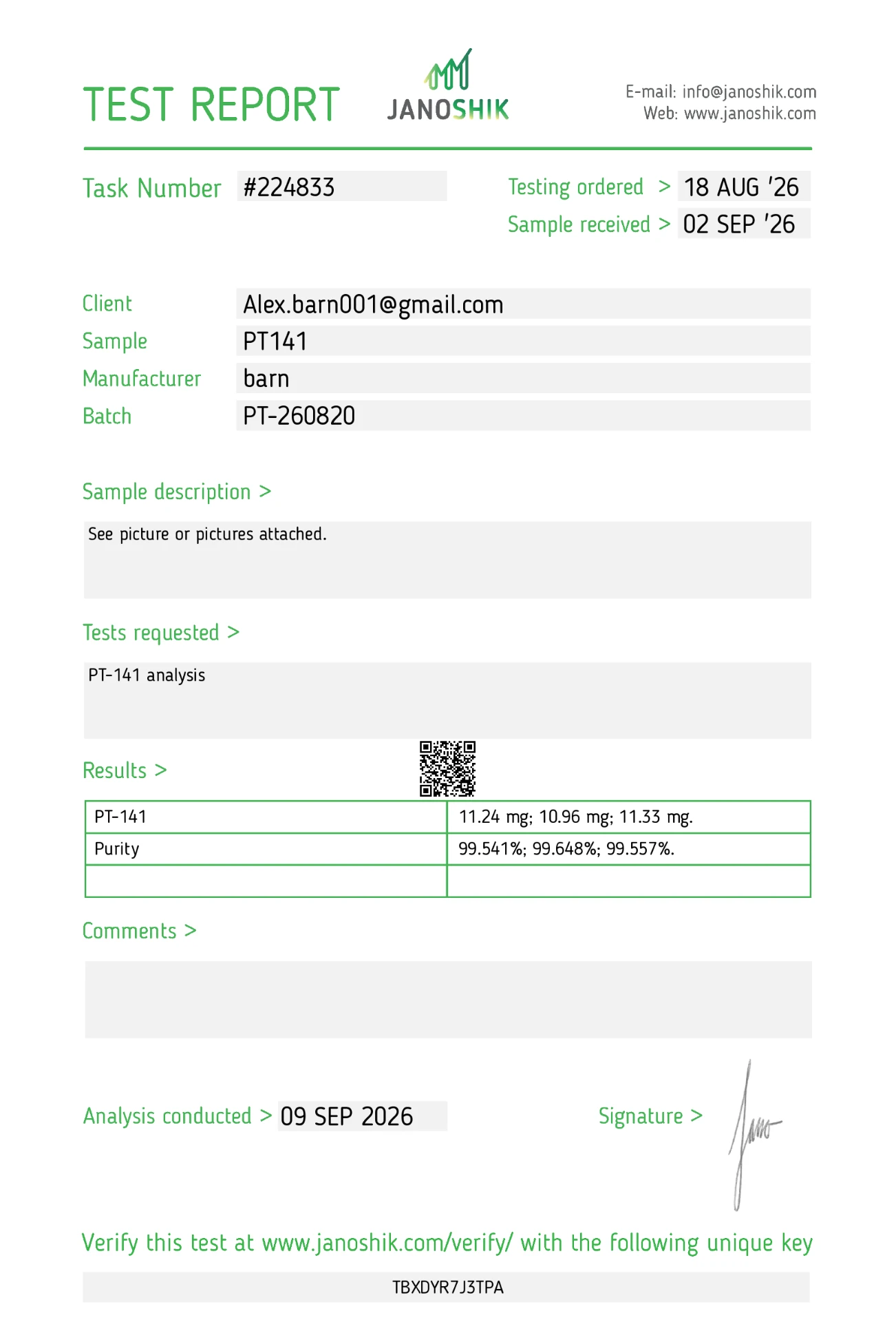 PT-141 (Bremelanotide) 10 mg certificate of analysis